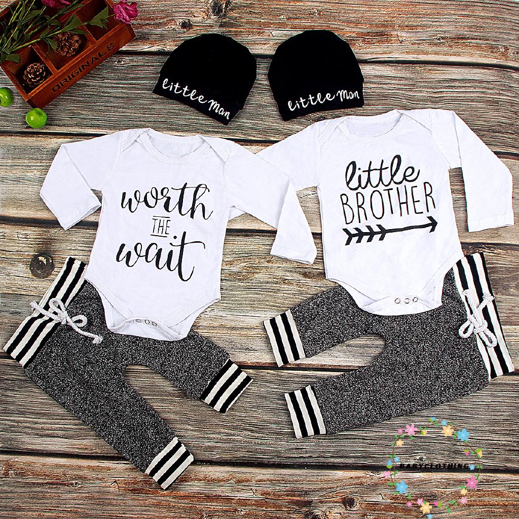 Set romper+quần dài+nón họa tiết in chữ dễ thương xinh xắn cho bé 0-24 tháng