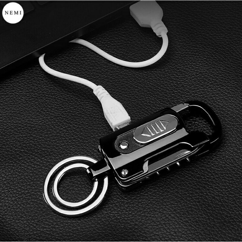 Quẹt điện móc khóa inox oto xe máy đa năng cao cấp có đèn pin