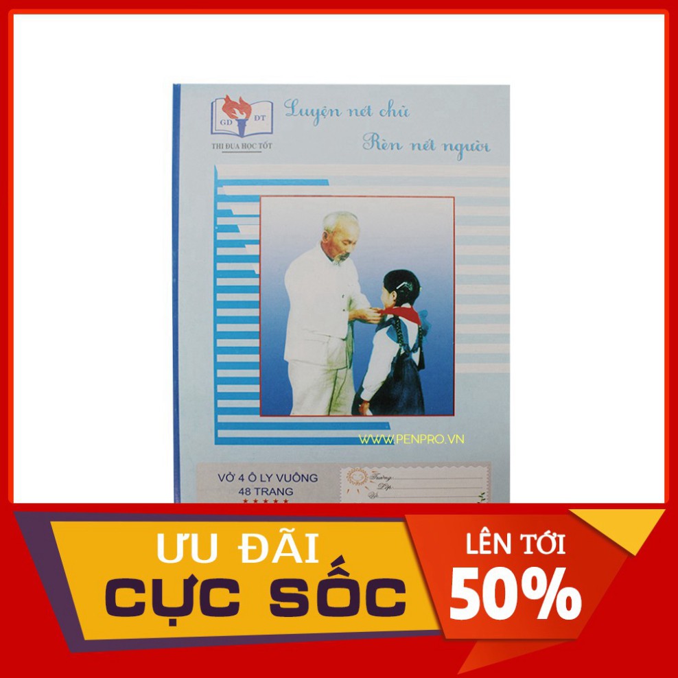 Vở Ô Li BÁC HỒ Vở Viết Chuẩn 4 Ô Li – Vở Luyện Chữ 48 Trang, Dòng Kẻ Đứng