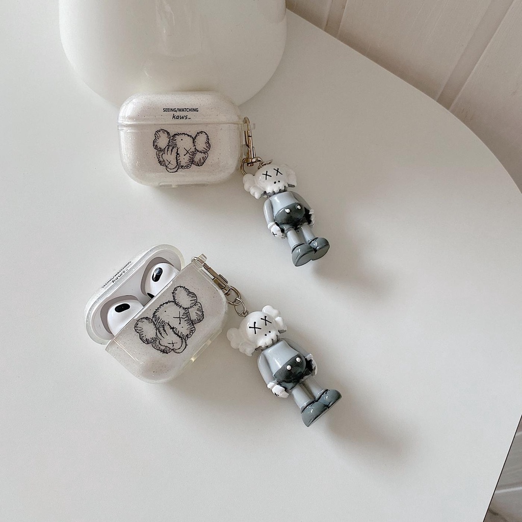 Vỏ Bảo Vệ Hộp Sạc Tai Nghe Airpods 1/2/pro 3 gen 3 Bằng Silicon Tpu Mềm Trong Suốt Phối Kim Tuyến Và Búp Bê Kaws Đơn Giản