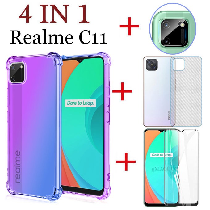 (4in1) Phim kính cường lực toàn màn hình Realme C11 C3 C2 + Phim mặt sau bằng sợi Carbon + Phim ống 