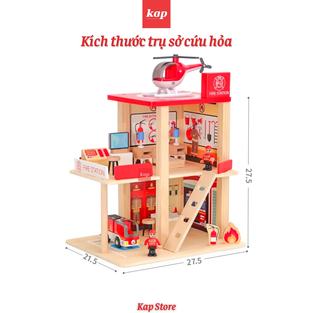 Bộ đồ chơi Trụ sỡ cảnh sát, trụ sở cứu hỏa, có thể chơi cùng với mô hình đường ray xe lửa gỗ