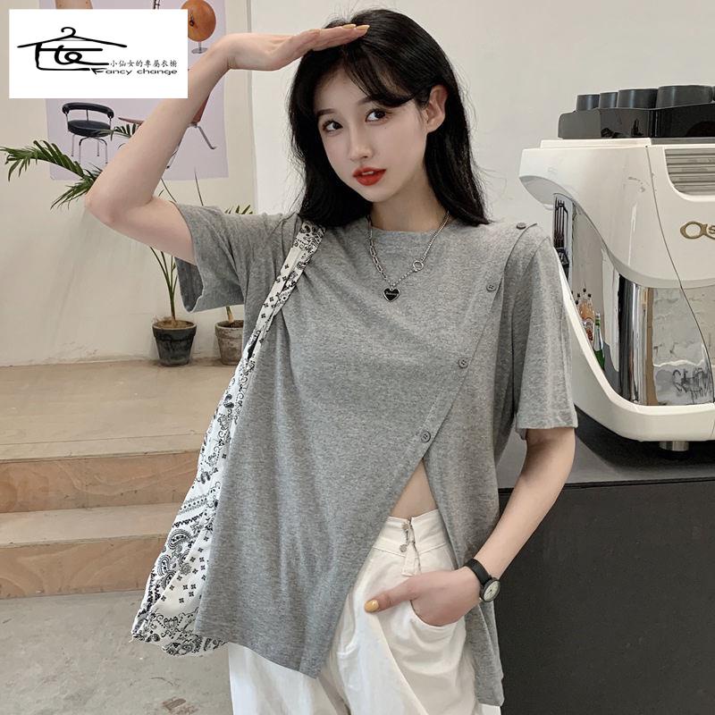 Giảm Giá Đặc Biệt ~ Áo Thun Tay Ngắn Dáng Rộng Xẻ Tà Thoải Mái Phong Cách Harajuku Mùa Hè Cho Nữ @ -