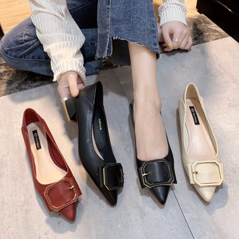 Giày Cao Gót Nữ, Pumps Mũi Nhọn Kiểu Hàn Quốc, Giày Gót Thấp Đen Cho Nữ Công Sở