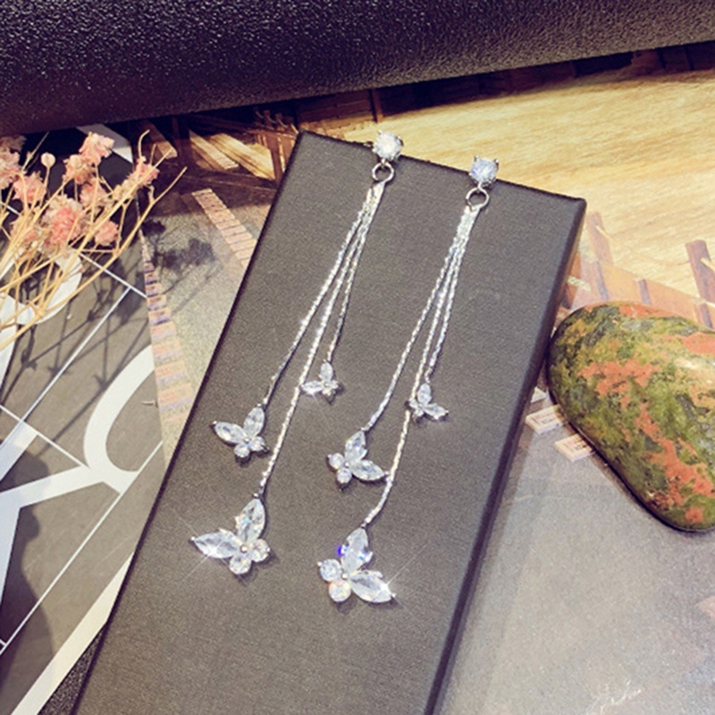 Butterfly Long Tassel Flower Earrings Rhinestone Earrings Personality Simple Wild Earrings