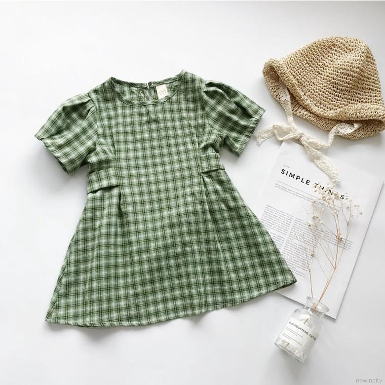 Đầm cotton tay ngắn in họa tiết caro cho bé gái