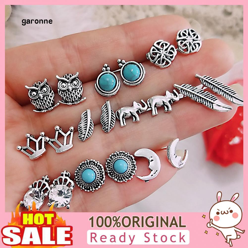 GA_10 Pairs Women Rhinestone Crown Elephant Owl Leaf Ear Studs Earrings Jewelry