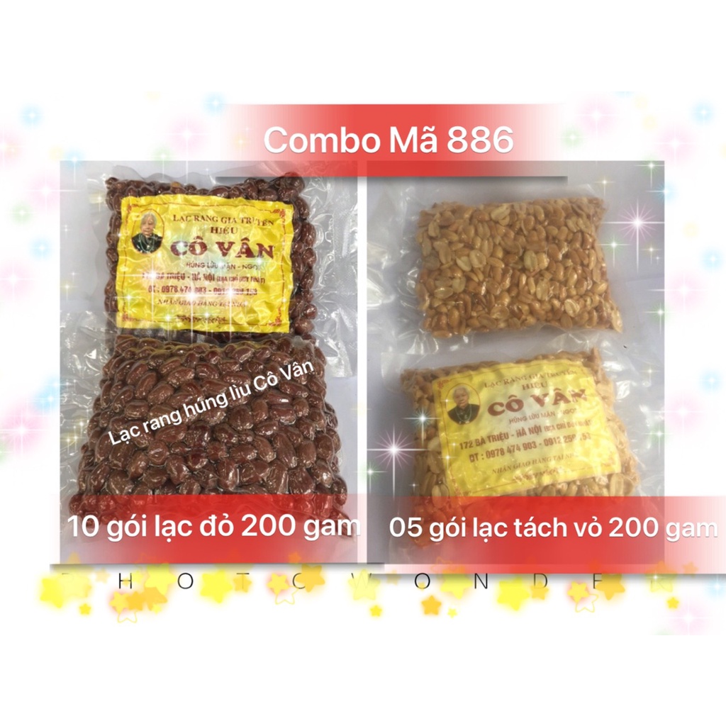 COMBO MÃ 886, Lạc rang húng lìu chính hiệu Cô Vân (10 gói lạc đỏ 200 gam + 5 gói lạc đỏ tách vỏ 200 gam), đặc sản Hà Nội