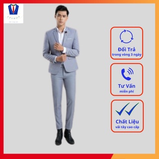 Bộ vest nam đẹp màu xám V008 cao cấp 1 khuy full size [Áo vest + Quần]