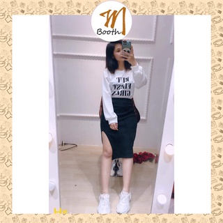 M Booth -  Bộ Chân Váy Áo Thun BUT FIRST GIRL , Váy Xẻ Tà Kèm Áo Thun Tay Bồng X039