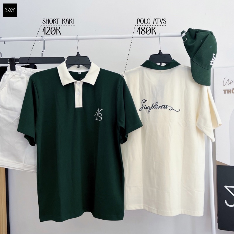 Áo Thun Polo Unisex ATYS màu XANH LÁ/KEM form rộng 🖤  Chất thun cá sấu, form nam nữ unisex/Áo thun có cổ Jaystoree2 🖤