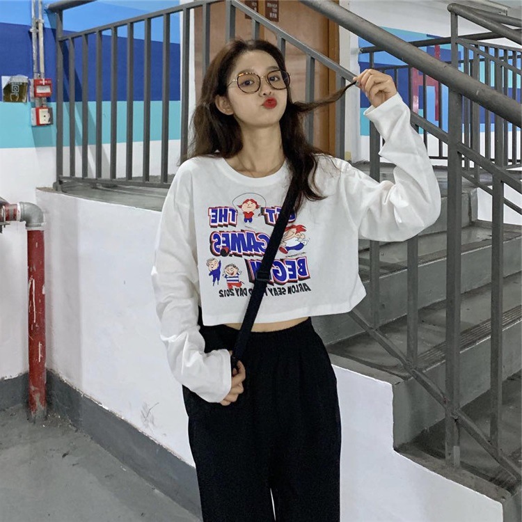 Áo thun croptop tay dài dáng rộng phong cách hàn quốc thích hợp cho nữ