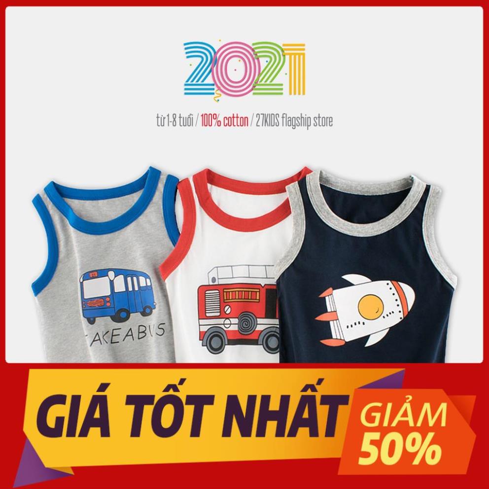 Áo sát nách bé trai 27KIDS áo ba lỗ cho bé in hình ô tô chất cotton hàng xuất Âu Mỹ