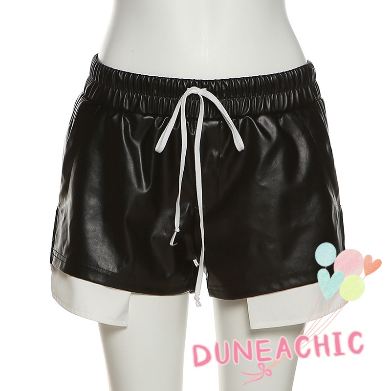 DUNEA Quần Short Da Pu Lưng Cao Cột Dây Phối Màu Trẻ Trung Cá Tính Cho Nữ