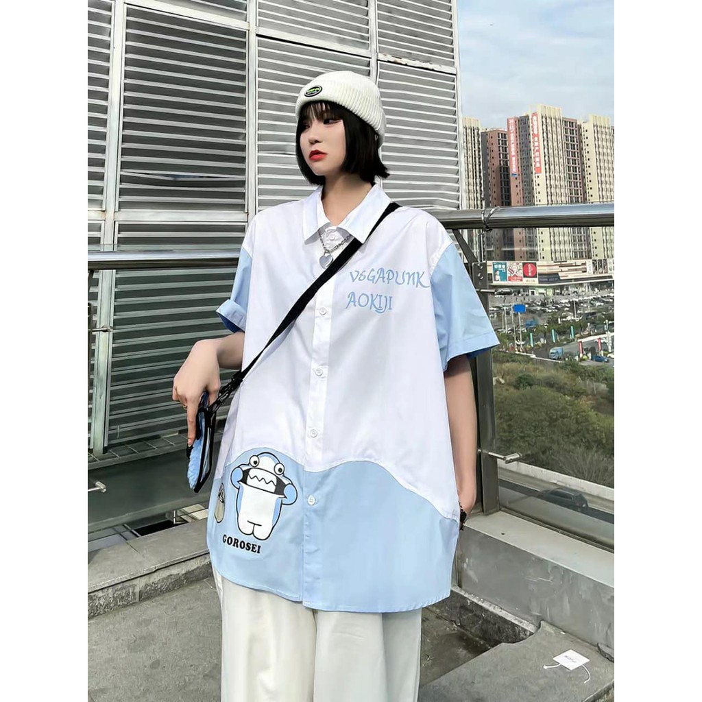 Áo sơ mi unisex freesize hoạ tiết BABY SHARK màu trắng