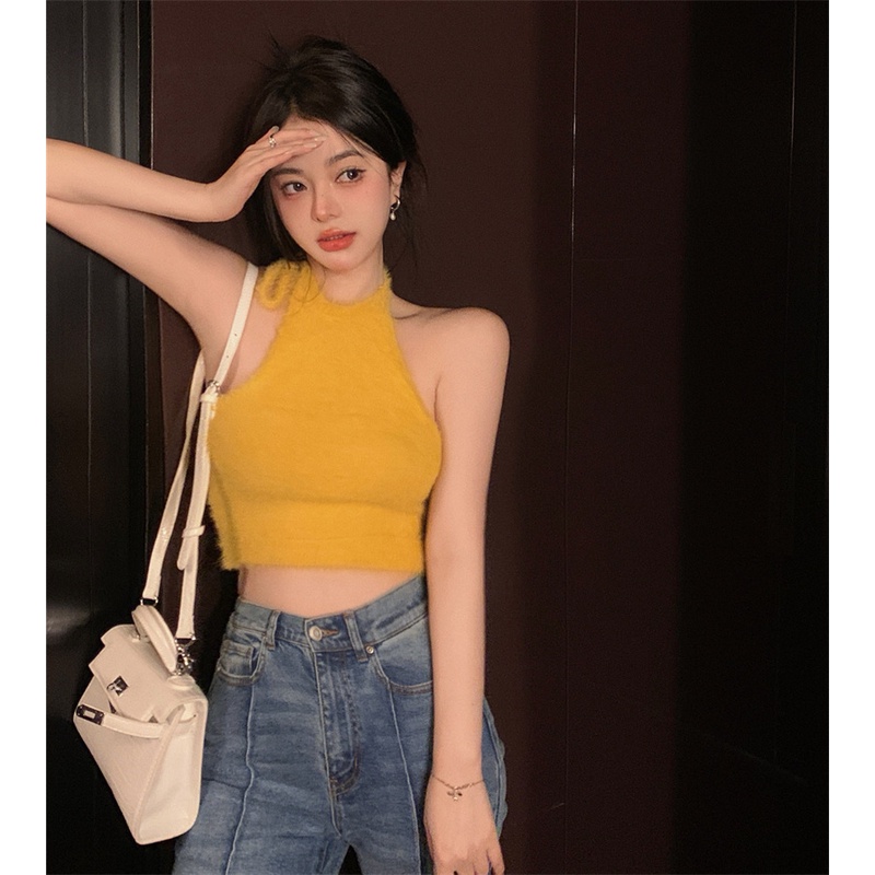 Cocory vn Áo Hai Dây Cổ Yếm Dáng Ngắn Quyến Rũ Hợp Thời Trang