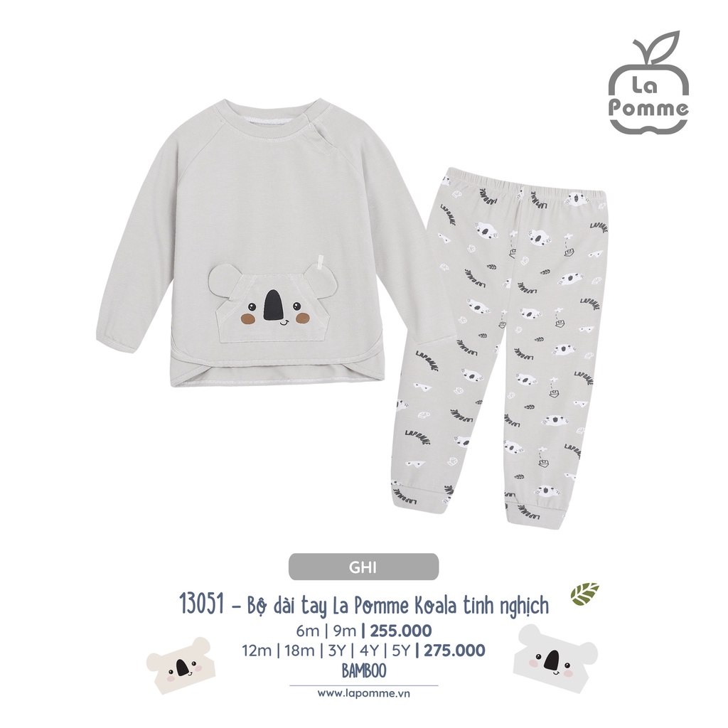 Bộ La Pomme dài tay Bamboo cao cấp mềm mịn thoáng mát thấm hút tốt gấu koala túi tinh nghịch cho bé trai bé gái 13051