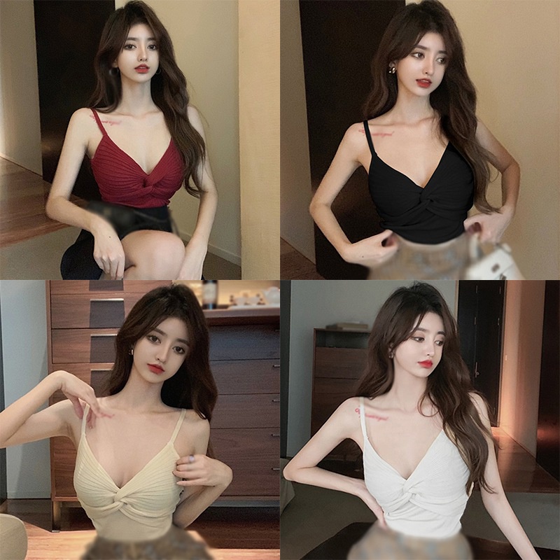 Áo Croptop Dệt Kim Thiết Kế Cổ Chữ V Khoét Sâu Quyến Rũ