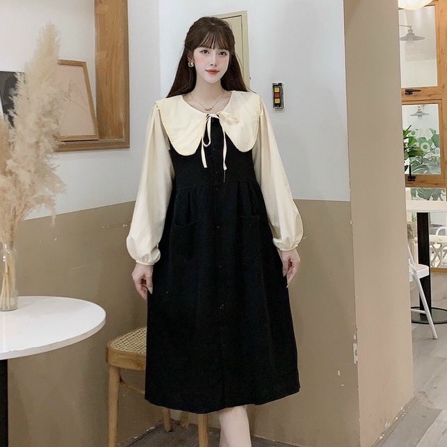 Đầm sơ mi cổ sen dáng suông hai túi trước ngực cúc dọc tay áo dài phối voan, váy nhung 4 màu VNS111 Tirahouse