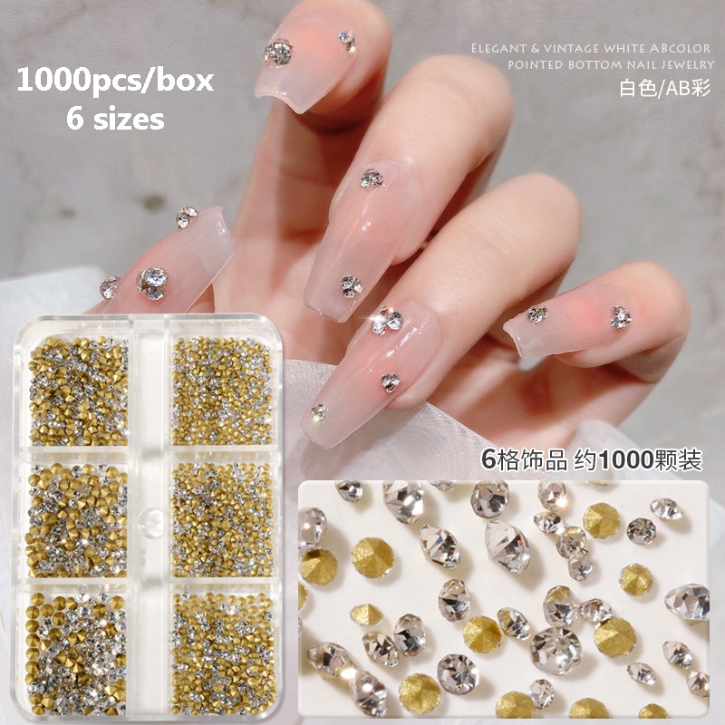 Hộp 1000 hạt set đá chân nhọn, hạt kim cương giả, 6 kích thước, đá pha lê đính móng tay nghệ thuật