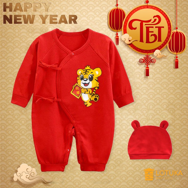 Bộ Body Tết Tài lộc cho bé mẫu Quần áo bé trai, bé gái dài tay kèm mũ chất cotton màu đỏ hình Trắng dễ thương từ 3-12kg