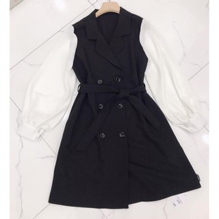 Váy cổ vest tay phối