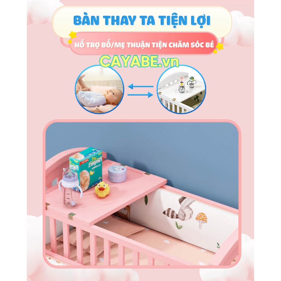 Nôi cũi gỗ cho bé đa năng CHILUX PEACE gấu con Teddy Bear 6 trong 1 màu hồng, giường cũi em bé sơ sinh gấp gọn