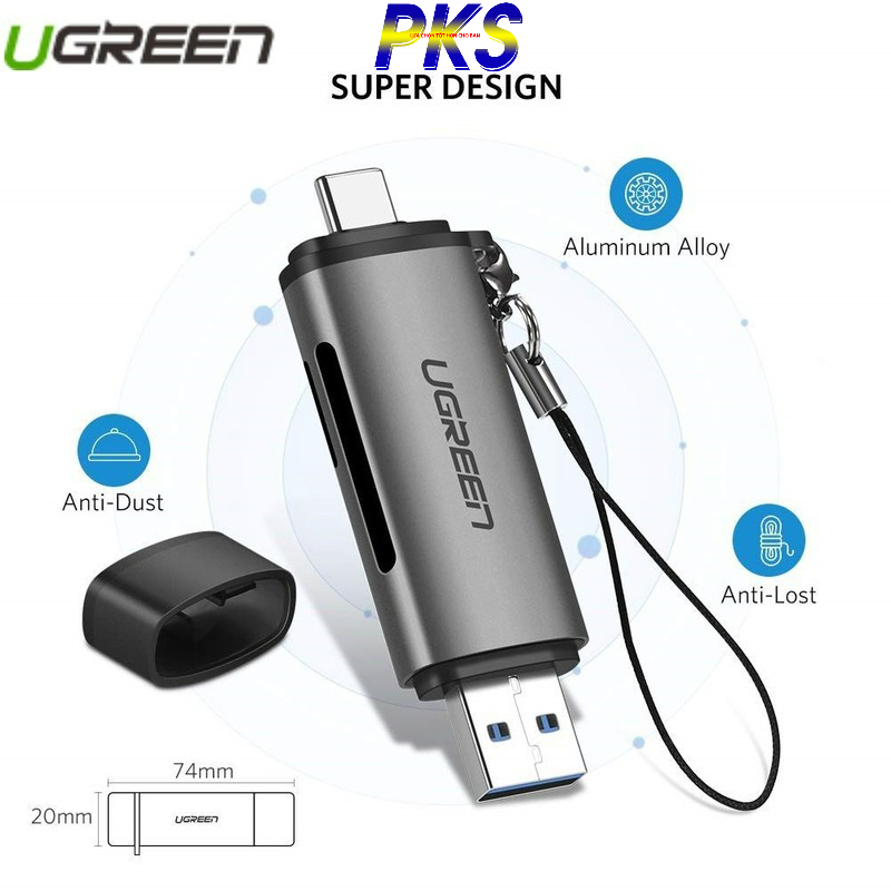 Đầu đọc thẻ nhớ SD, TF chân Type C, USB 3.0 Ugreen 50706 - BH 18 tháng