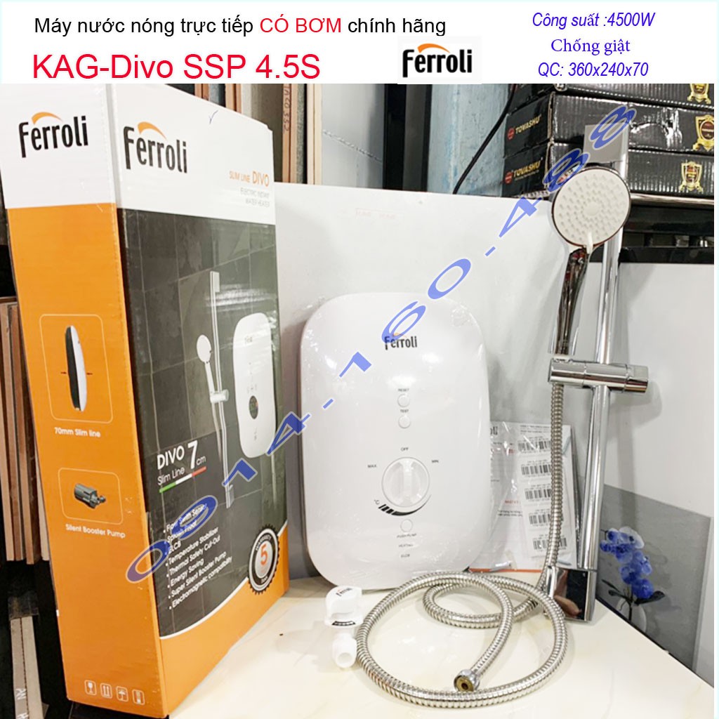 Máy nước nóng trực tiếp Ferroli Divo SSP 4500W, Direct water heater with pump bình nước nóng chống giật có bơm nước mạnh