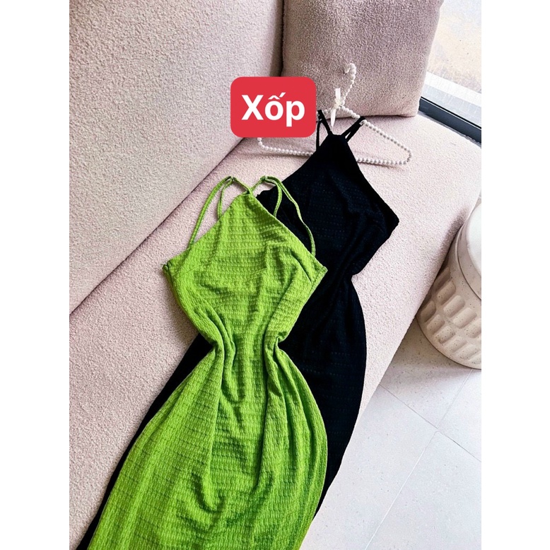 Đầm body dáng dài cổ yếm hở lưng phối 4 dây chéo lưng sexy chất thun xốp MS70