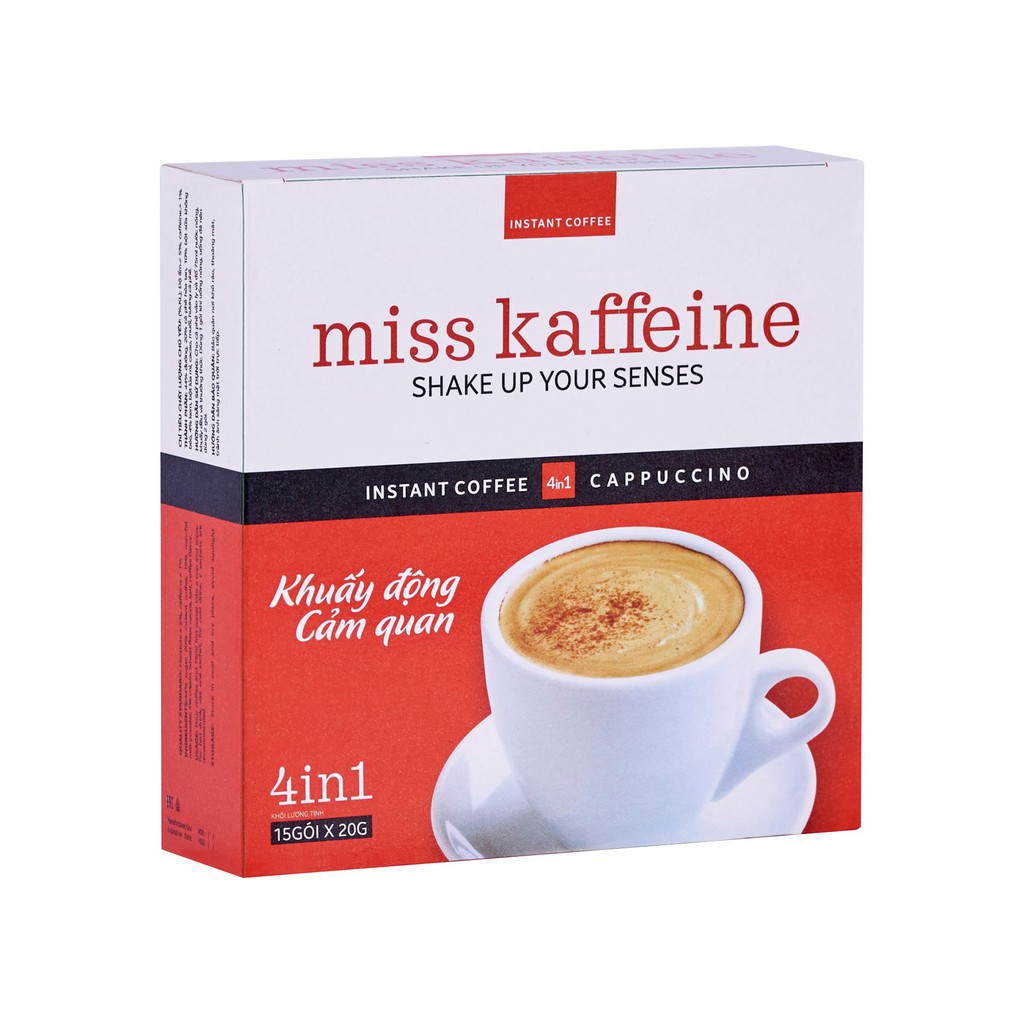 Hộp cà phê Cappuccino cao cấp Miss Kaffeine 4in – (có đường) 15 gói x 20g – The Kaffeine Coffee