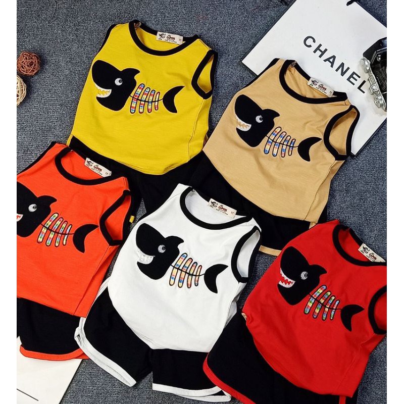 Bộ thun cotton bé trai thêu cá vân gỗ siêu xinh