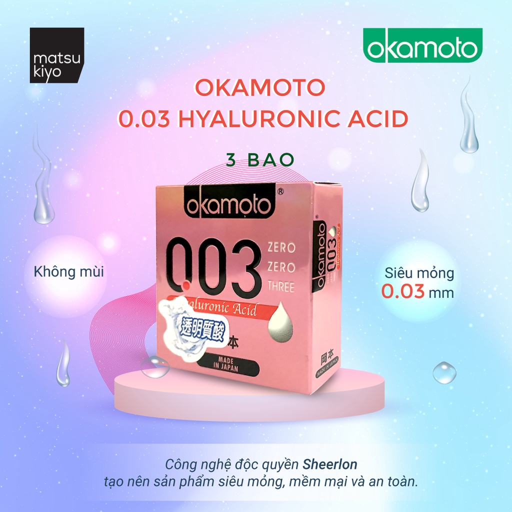 Bao Cao Su Okamoto 0.03 Hyaluronic Acid Siêu Mỏng Dưỡng Ẩm Và Bôi Trơn 3 Cái matsukiyo