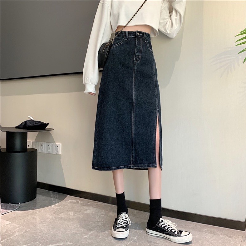 [ GIAO HÀNG BÌNH THƯỜNG ]chân váy bò denim dáng dài lưng cao xẻ tà xanh đậm ulzzang style