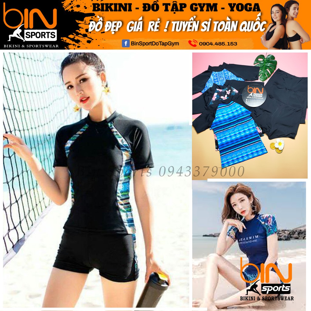Bộ Bơi Nữ 2 Mảnh Quần Đùi Cạp Cao Aó Phủ Bụng Cọc Tay Bin Sports BHV092