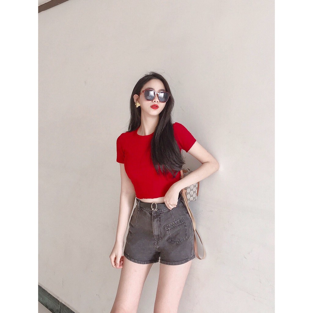 Quần sooc bò cạp cao dáng ôm trơn một túi MSHAD