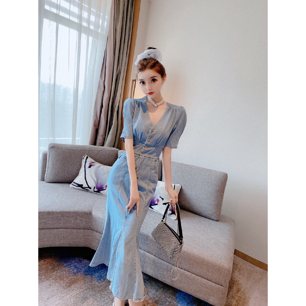 Đầm Denim Cổ Chữ V Xẻ Tà Phong Cách Hong Kong Cho Nữ | BigBuy360 - bigbuy360.vn