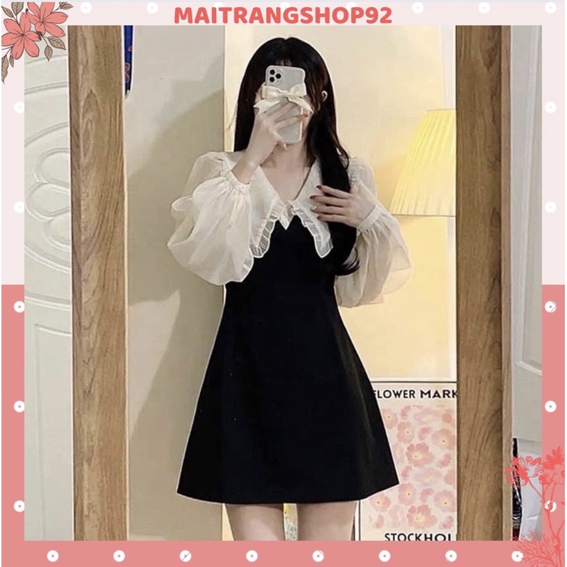 Váy tiểu thư sang chảnh màu đen phối voan cổ bèo, Đầm tay bồng Hàn Quốc Maitrangshop92 –