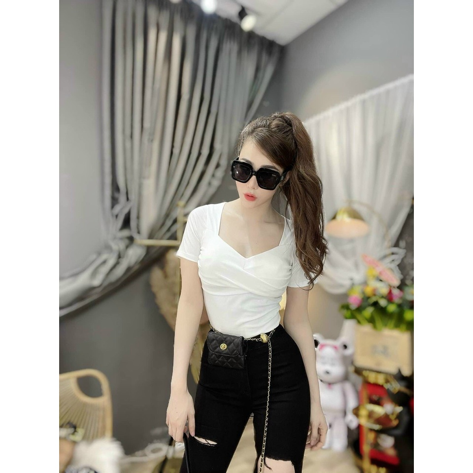 Áo thun body croptop tay ngắn xoắn ngực đủ màu Mới