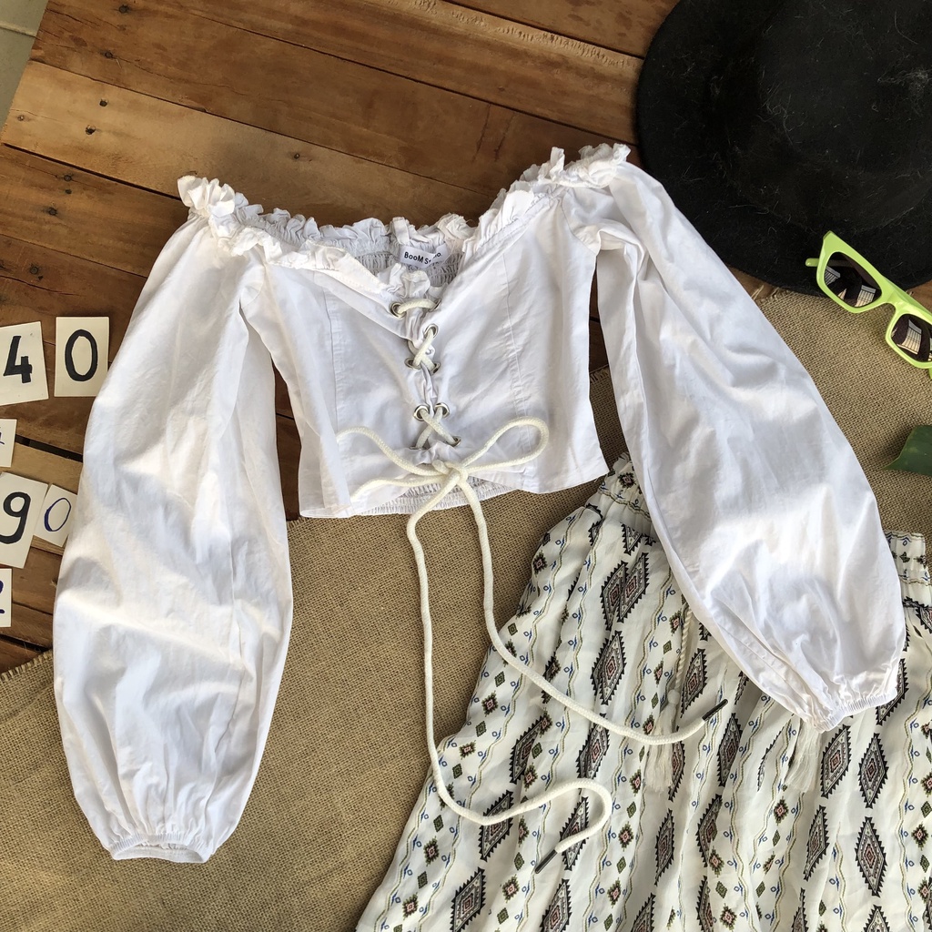 Quần họa tiết boho - Áo nữ croptop tay phồng màu trắng - Đồ si tuyển - Mã A140 Q10