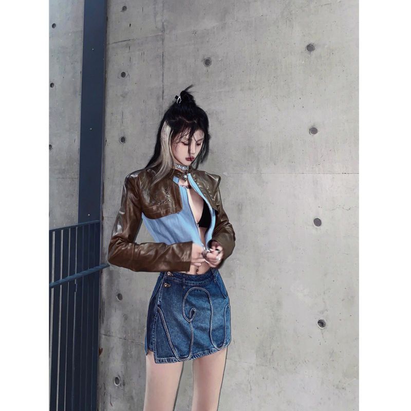 Áo Khoác Da Phối Chân Váy Ôm Dáng Phong Cách Đường Phố Mùa Thu Cá Tính Cho Nữ