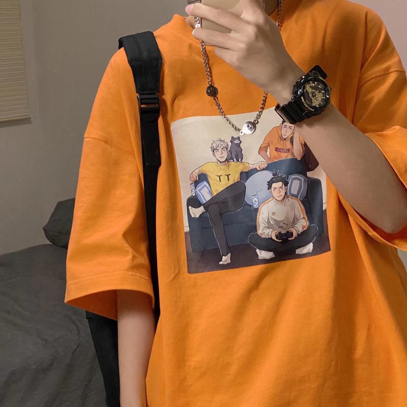 Áo Thun Mùa Hè Dáng Rộng Tay Cộc Cổ Tròn In Họa Tiết Hoạt Hình Phong Cách Hip Hop Đường Phố Cho Nam Và Nữ size M-8XL
