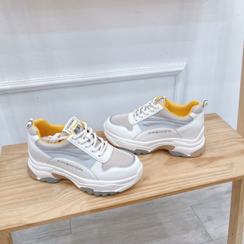 LoH(ẢMH THẬT) Giày Thể Thao Nữ Nâng Đế 6p Nâu Vàng Pha Lưới Da Mềm Êm Fullbox Cao Cấp