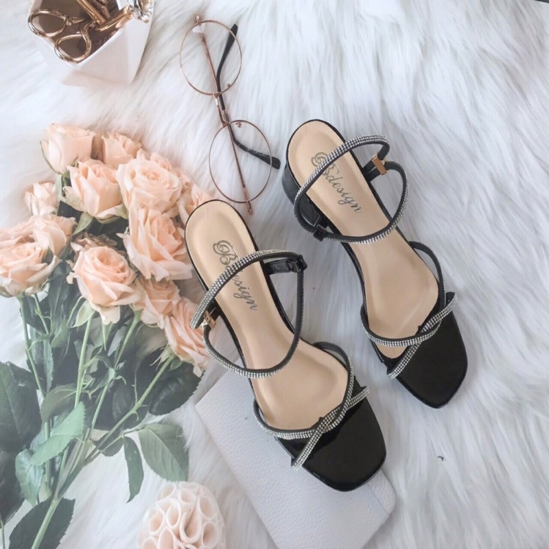 Dép sandal quai mảnh dây đính đá cao 4cm