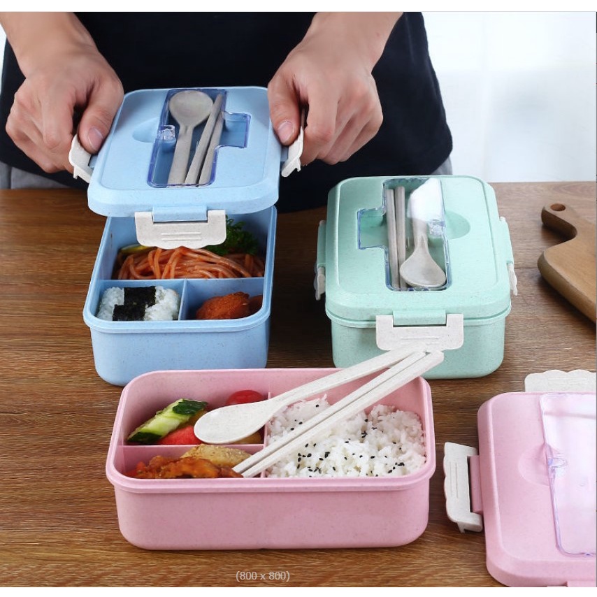Hộp cơm văn phòng 3 ngăn kèm đũa thìa lúa mạch an toàn tiện lợi (có thể sử dụng với lò vi sóng)