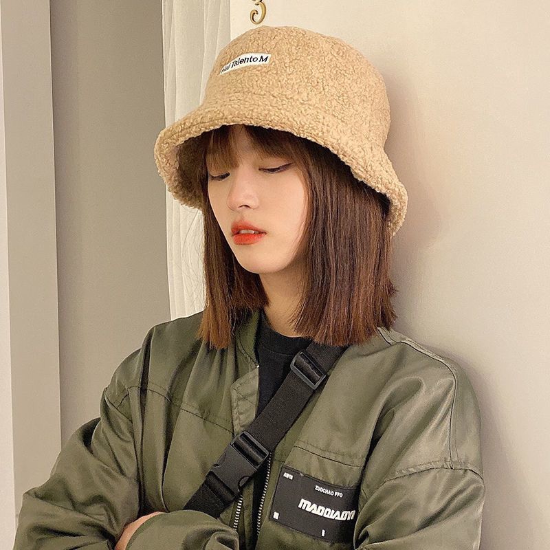 Mũ Bucket Len Lông Cừu Màu Sắc Tương Phản Thêu Chữ Phong Cách Hàn Quốc Cho Cặp Đôi