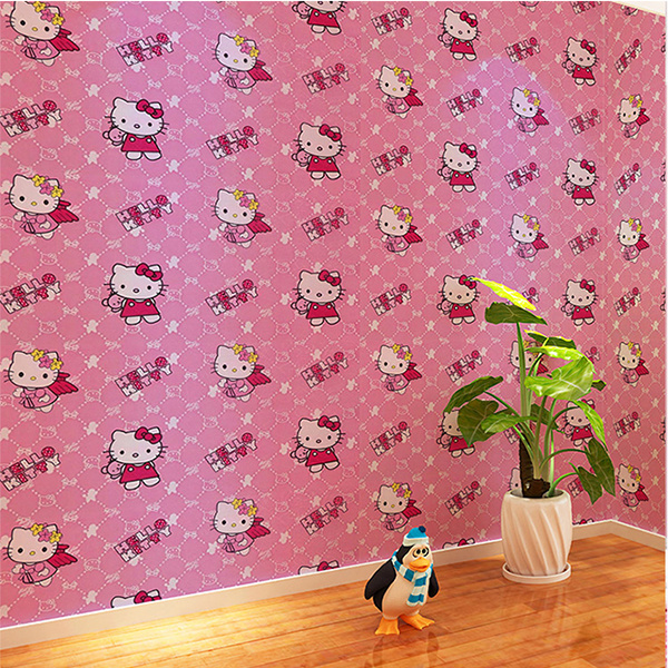 Giấy dán tường Hello Kitty khổ rộng 45cm có keo sẵn, Decal giấy dán tường Hello Kitty dễ thương - AZEVA