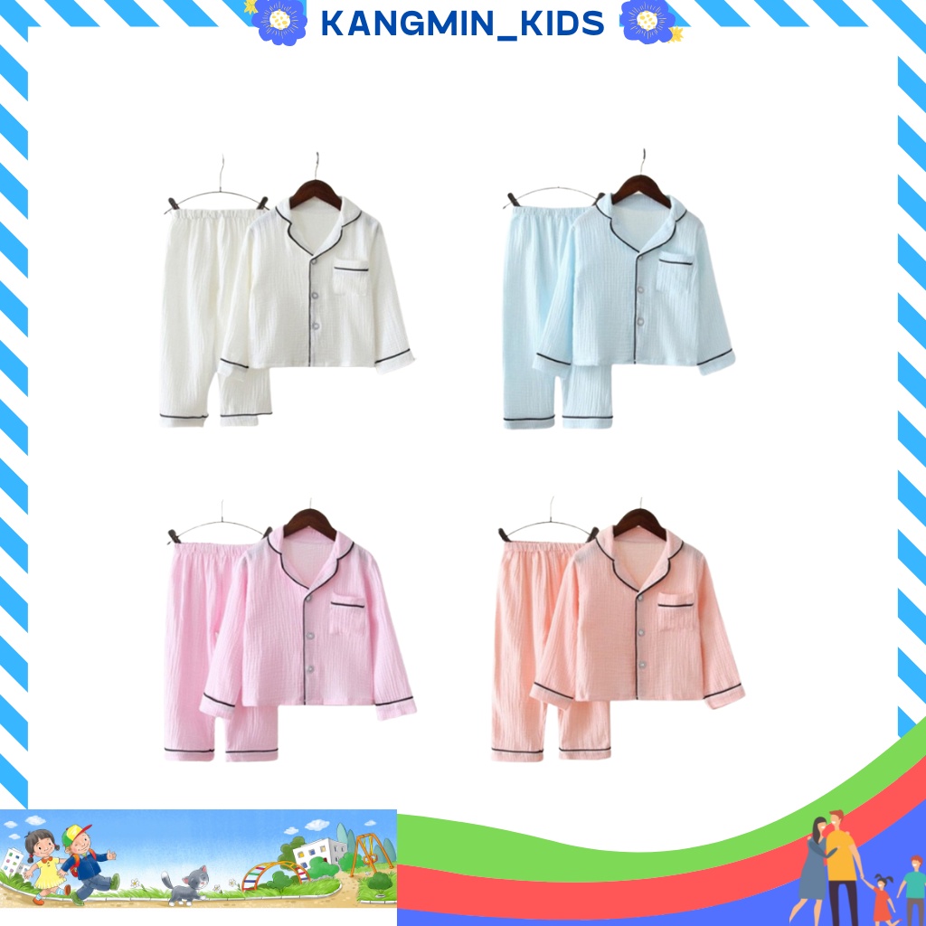 Bộ pijama cho bé trai bé gái Kangmin kids, bộ pizama cho bé trai chất đũi trơn dài QATET05, quần áo bé gái từ 7-27kg