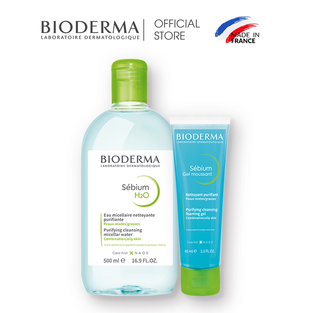 Bộ nước tẩy trang và làm sạch công nghệ Micellar cho da dầu, mụn Bioderma Sebium H2O 500ml và Gel rửa mặt tạo bọt 45ml