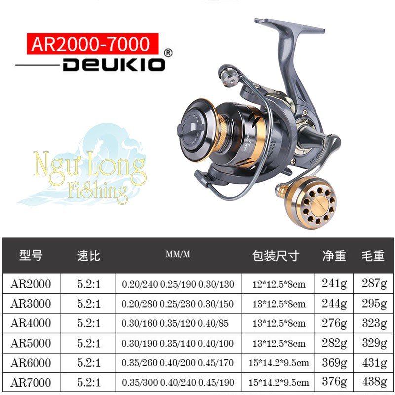 Máy câu cá DEUKIO AR 2000-7000 có tay cầm núm kim loại  M-1